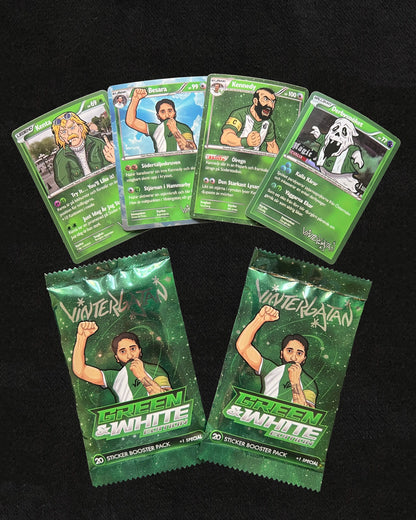 Hammarby Boosterpack som visar de fyra Bajen klistermärkena: Kennedy, Besara, Kenta och Derbyspöket.